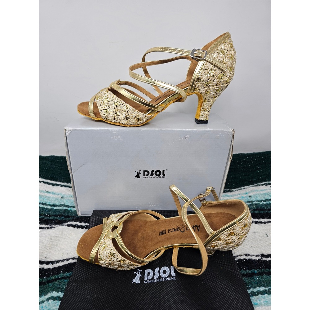 DSOL Alma Danza Gold Lace Sequin Ballroom Latin Dance Shoes A273701 Size 8